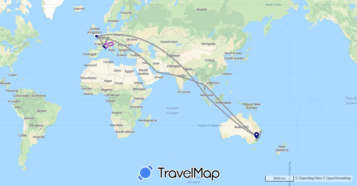 TravelMap itinerary: driving, bus, plane, train, boat in United Arab Emirates, Austria, Australia, Switzerland, Germany, France, United Kingdom, Italy, Monaco, Singapore, Thailand (Asia, Europe, Oceania)